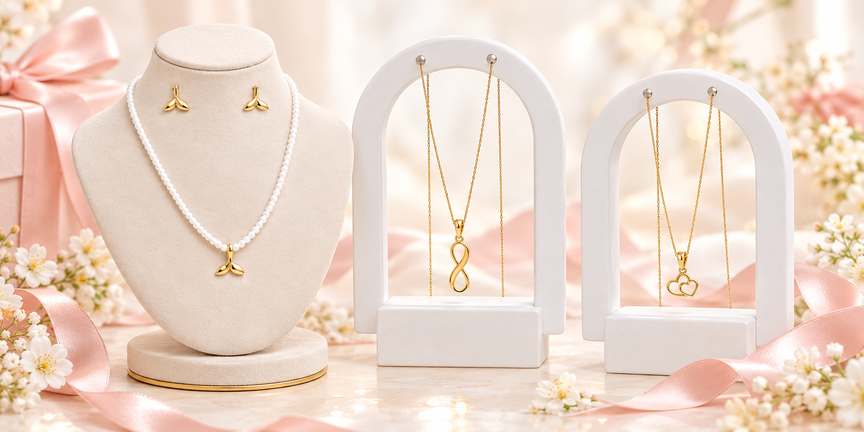ست گردنبند مرواریدی و گوشواره طلای ظریف با آویز طرح دم وال گردنبند طلای ظریف با آویز طرح بی‌نهایت گردنبند طلای ظریف با آویز قلبی